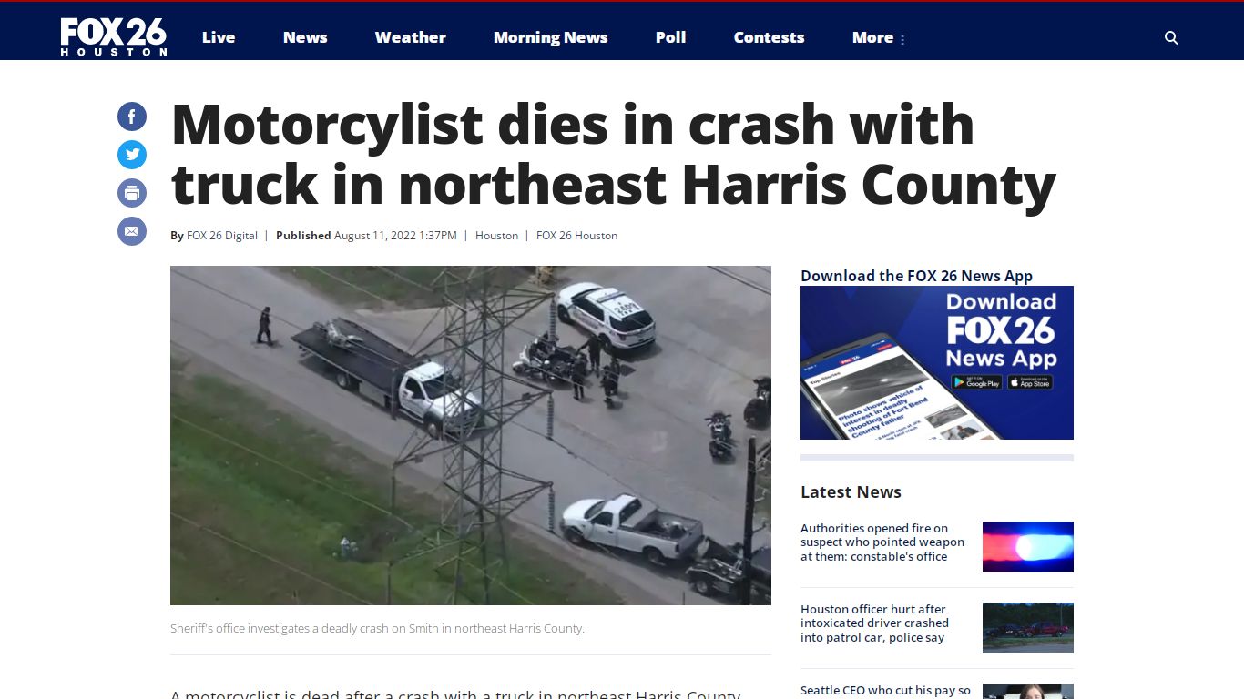 Motorcylist dies in crash with truck in northeast Harris County